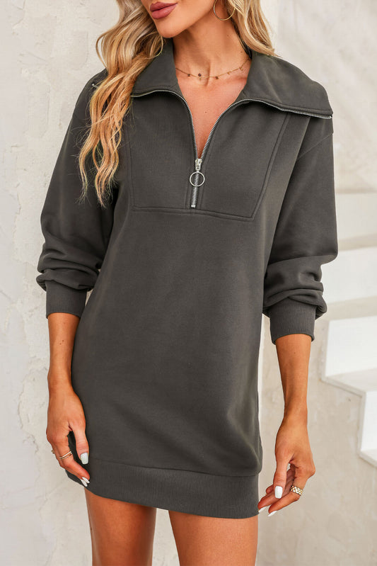 Half Zip Dropped Shoulder Mini Sweatshirt Dress-Angel Casuals