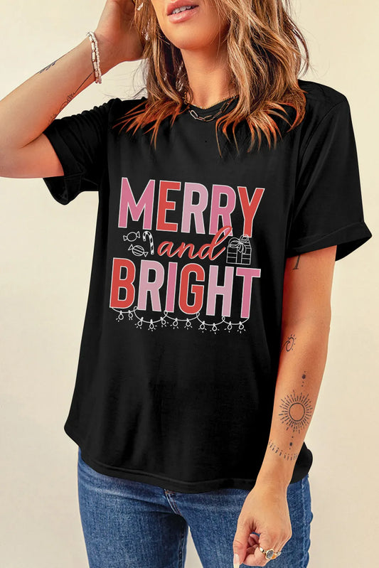 MERRY AND BRIGHT Round Neck Short Sleeve T-Shirt-Angel Casuals