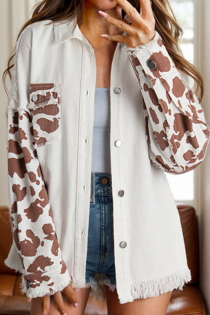 Raw Hem Animal Print Long Sleeve Denim Jacket-Angel Casuals