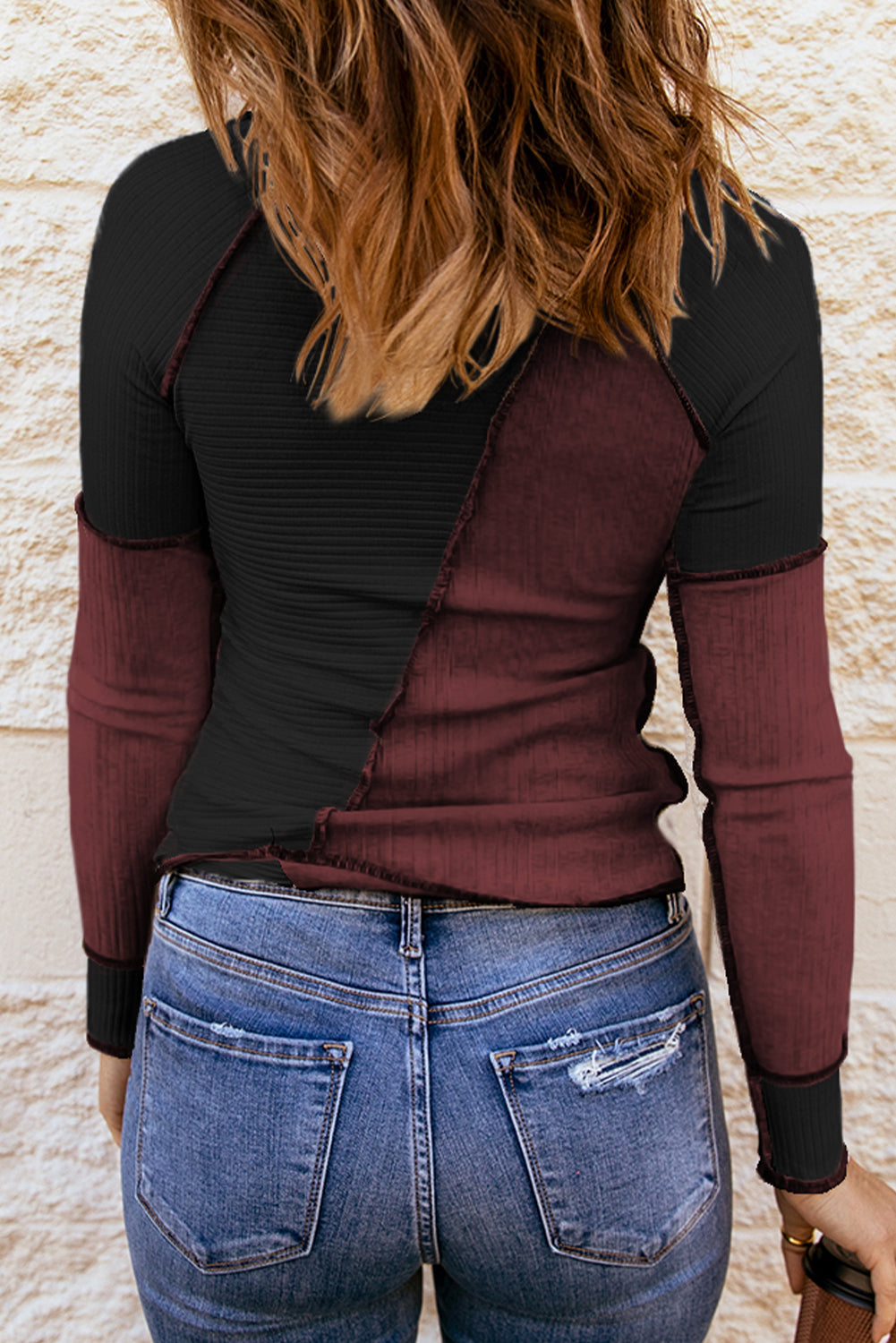 Color Block Round Neck Long Sleeve T-Shirt-Angel Casuals
