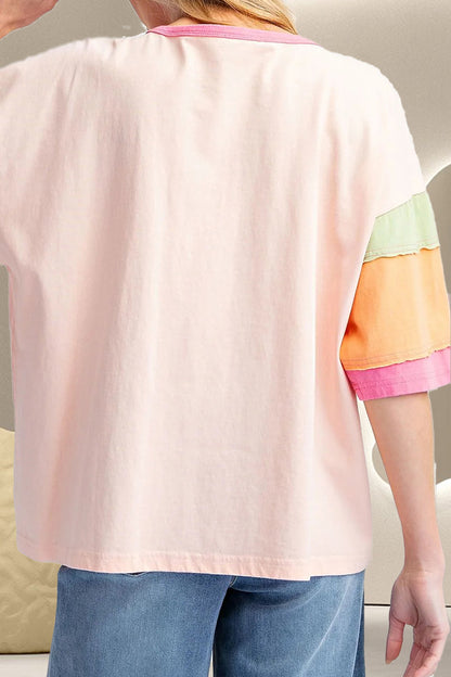 Color Block Round Neck Half Sleeve T-Shirt-Angel Casuals