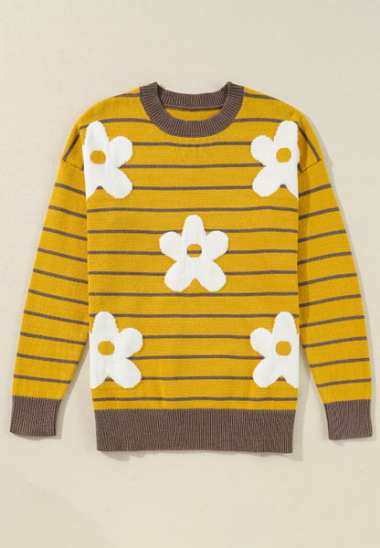 Flower Stripe Round Neck Long Sleeve Sweater-Angel Casuals