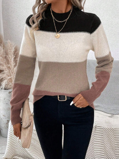 Color Block Mock Neck Long Sleeve Sweater-Angel Casuals