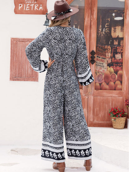 Printed Long Sleeve Wide Leg Jumpsuit-Angel Casuals