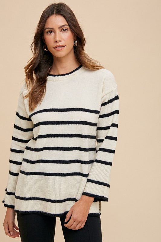 Annie Wear Side Slit Striped Round Neck Sweater-Angel Casuals