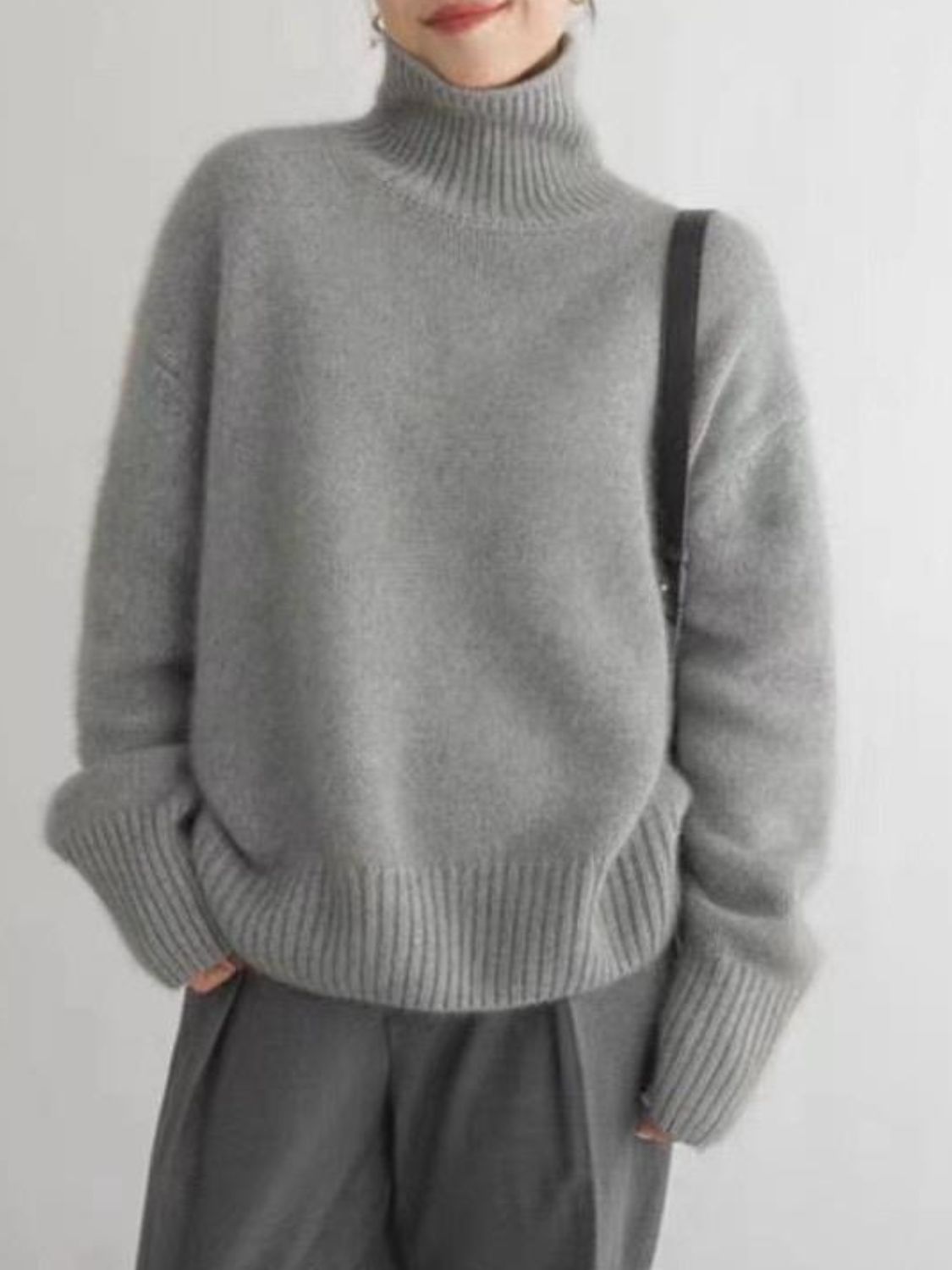 Turtleneck Dropped Shoulder Long Sleeve Sweater-Angel Casuals