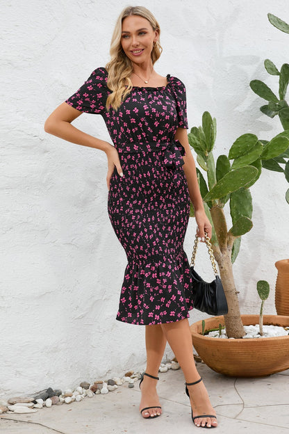 Frill Printed Tie Waist Midi Dress-Angel Casuals