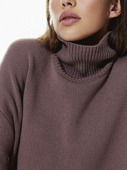 Ribbed Detail Turtleneck Dropped Shoulder Sweater-Angel Casuals