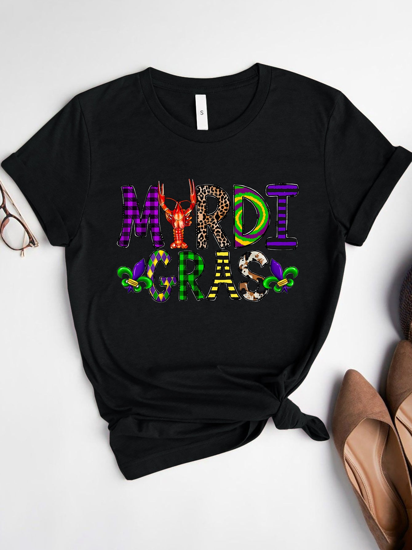 MARDI GRAS Round Neck Short Sleeve T-Shirt-Angel Casuals