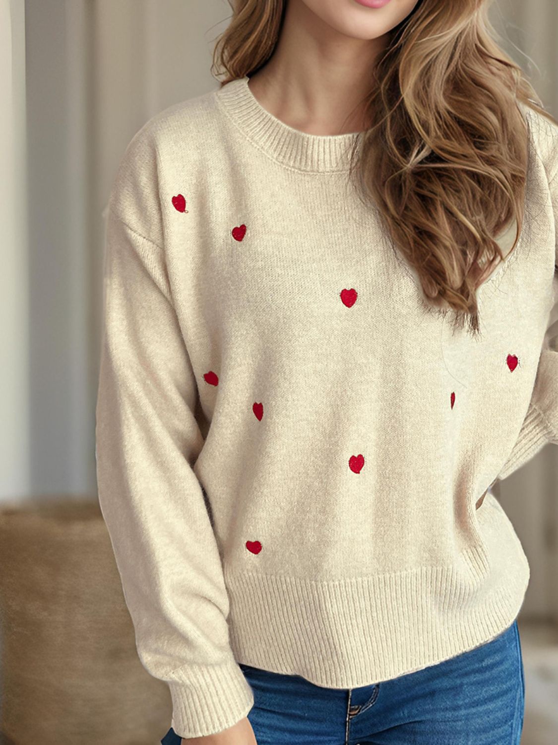 Heart Round Neck Long Sleeve Sweater-Angel Casuals