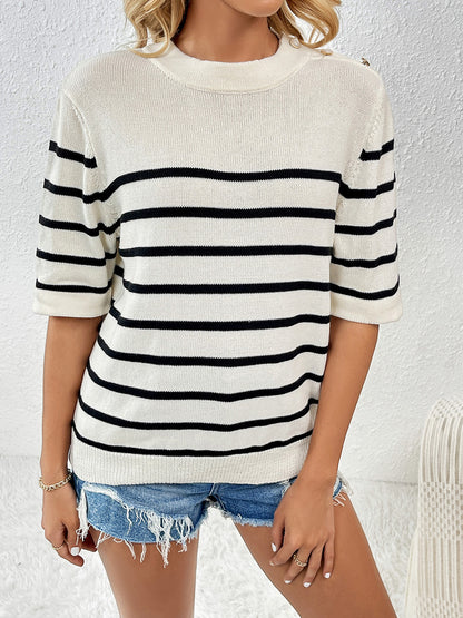 Striped Round Neck Half Sleeve Knit Top-Angel Casuals