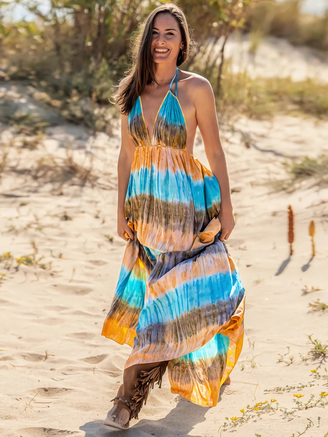 Tie-Dye Halter Neck Sleeveless Dress-Angel Casuals