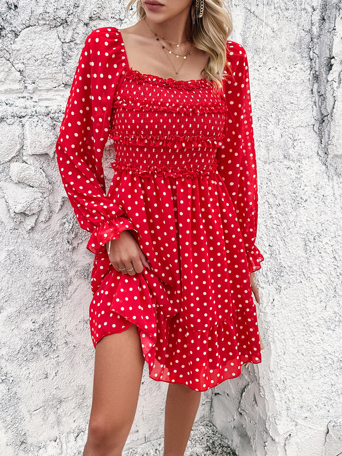 Smocked Polka Dot Long Sleeve Dress-Angel Casuals