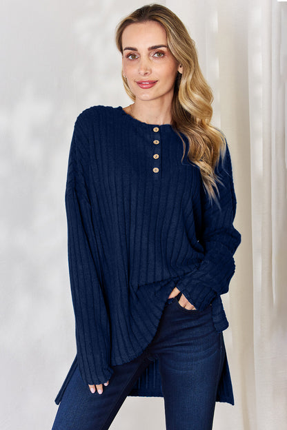 Basic Bae Full Size Ribbed Half Button Long Sleeve High-Low T-Shirt-Angel Casuals