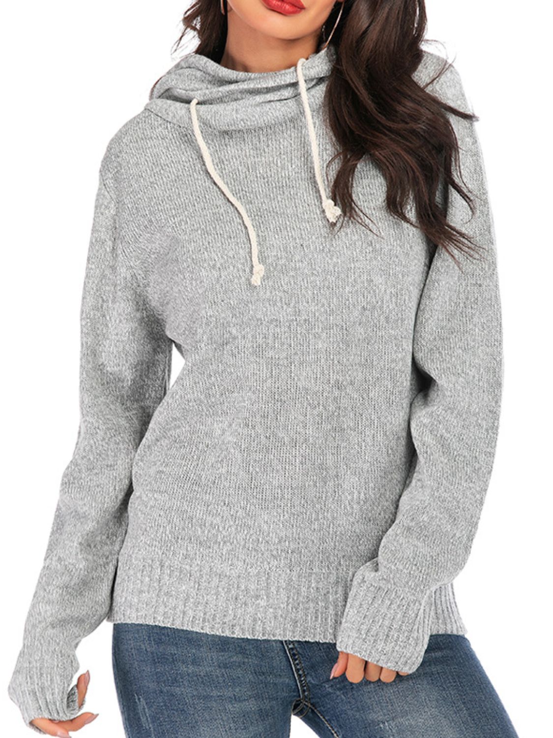 Drawstring Mock Neck Long Sleeve Sweater-Angel Casuals