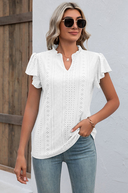 Eyelet Notched Flutter Sleeve T-Shirt-Angel Casuals