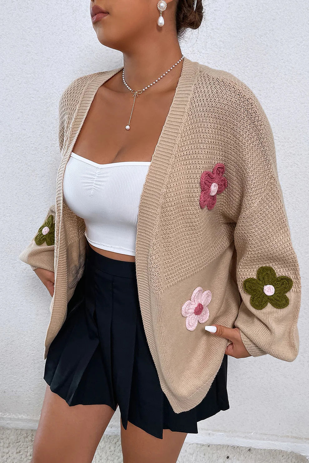 Floral Applique Drop Shoulder Open Front Cardigan-Angel Casuals