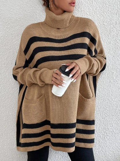 Striped Turtleneck Batwing Sleeve Sweater with Pockets-Angel Casuals