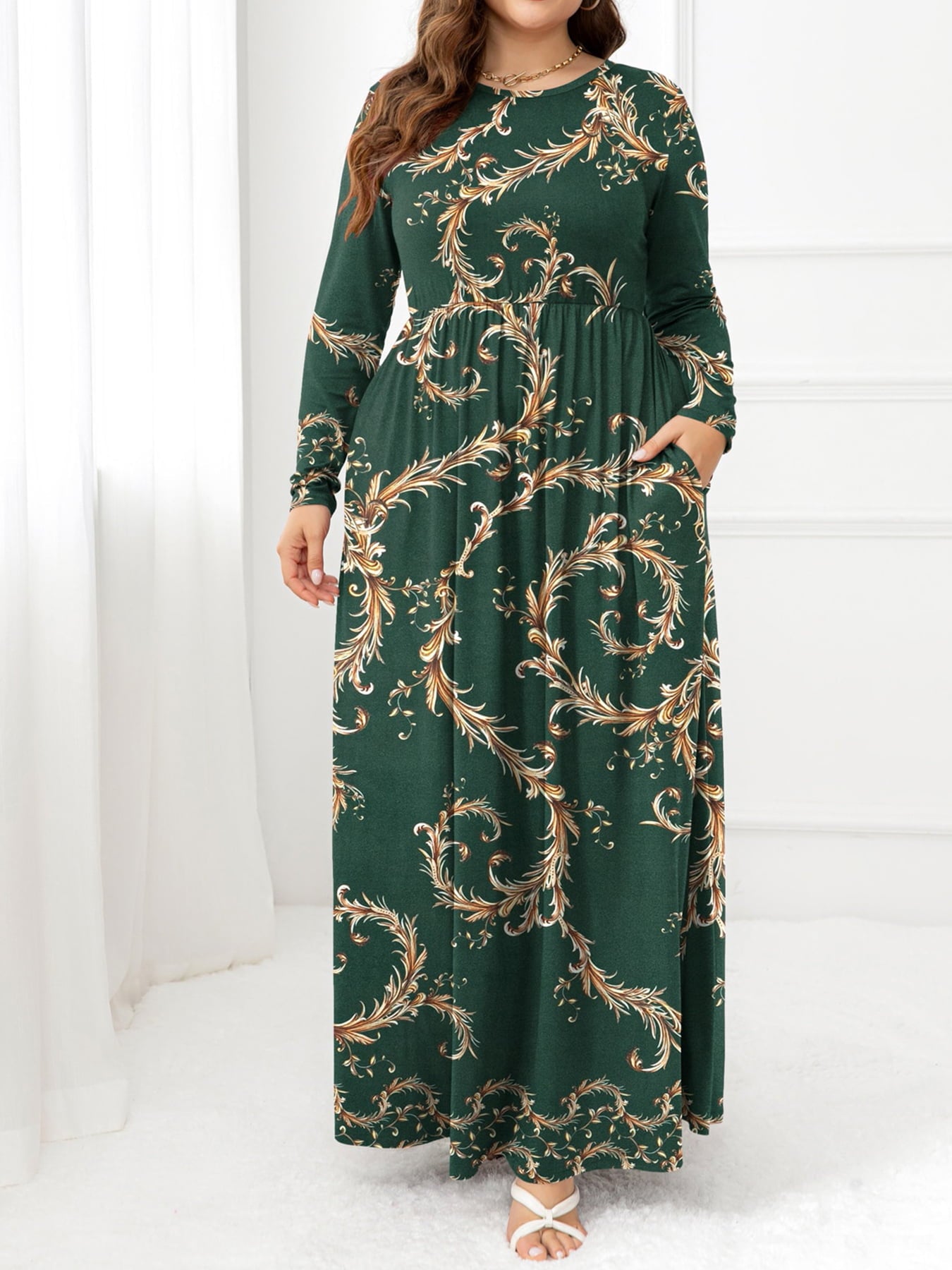 Plus Size Round Neck Maxi Dress with Pockets-Angel Casuals