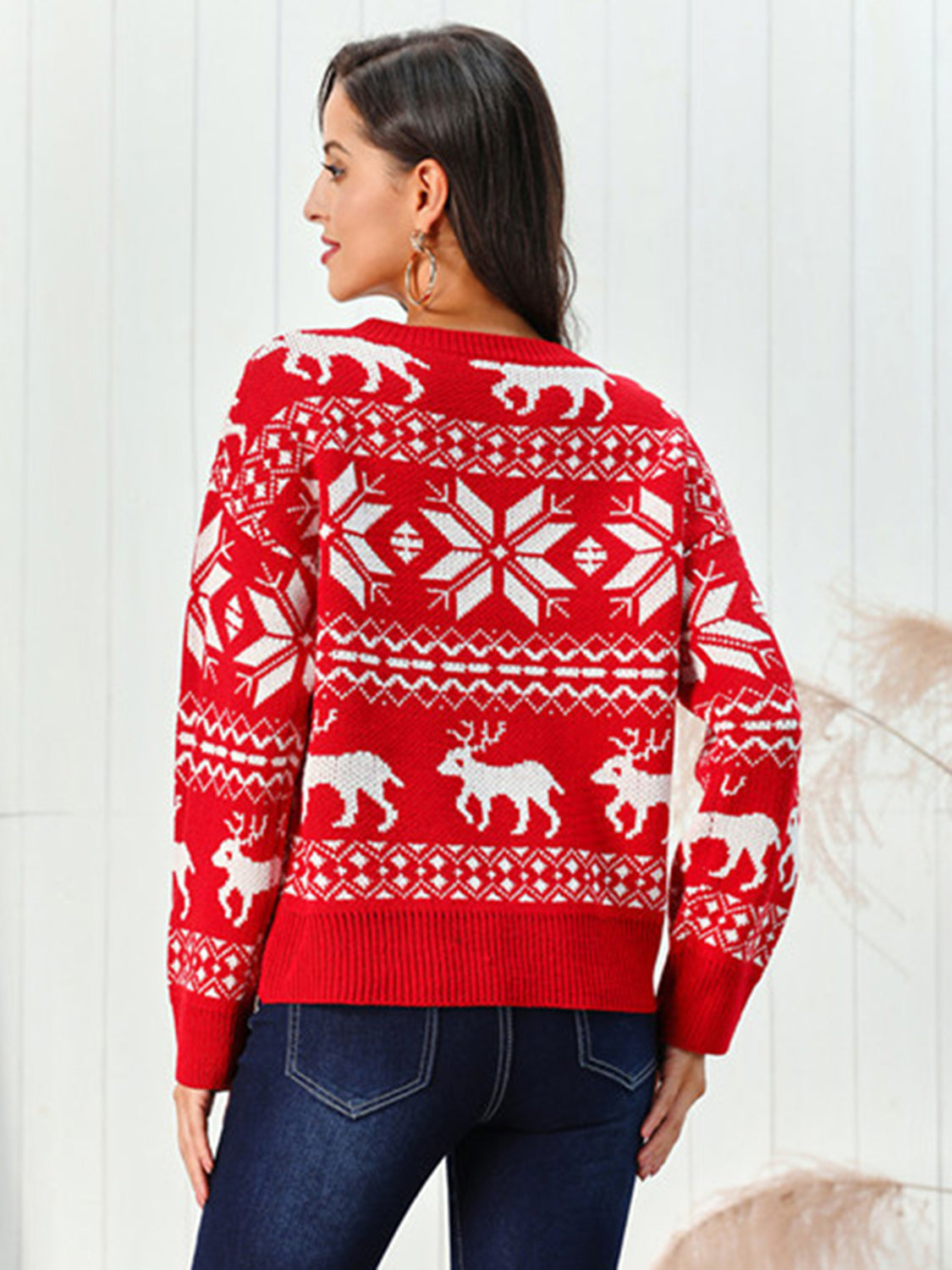 Reindeer & Snowflake Round Neck Sweater-Angel Casuals