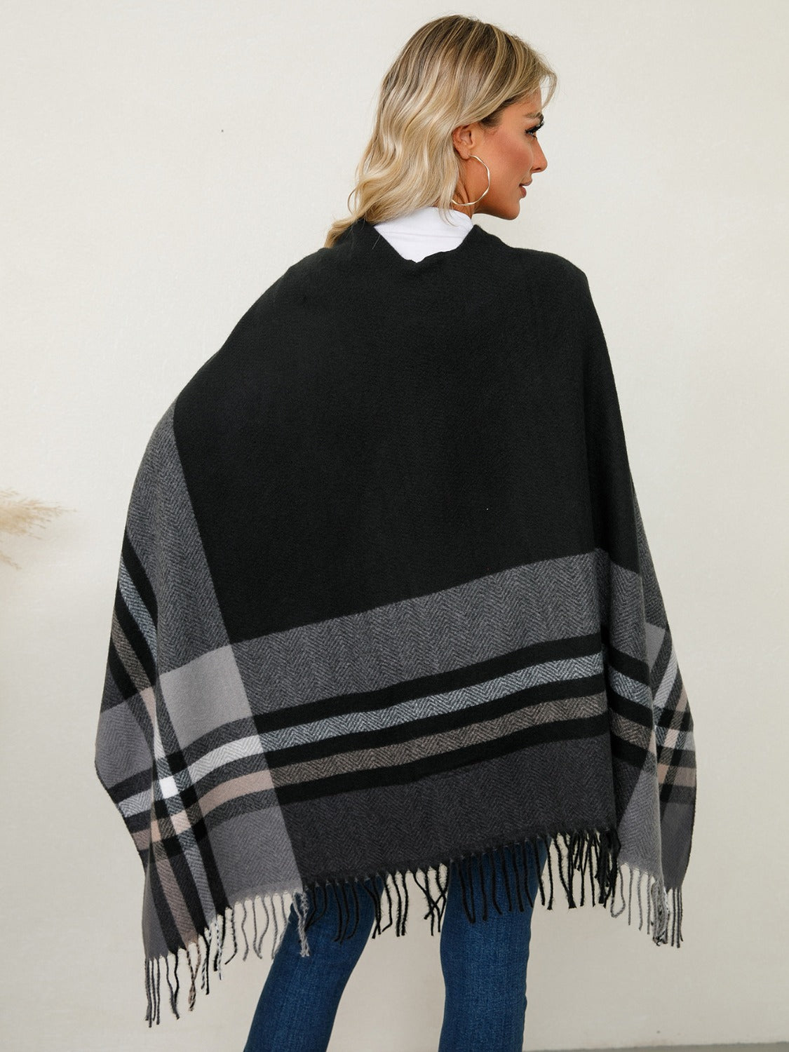 Fringe Contrast Plaid Poncho-Angel Casuals