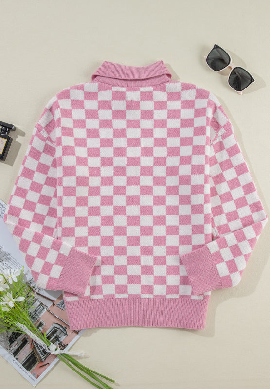 Checkered Collared Neck Long Sleeve Sweater-Angel Casuals