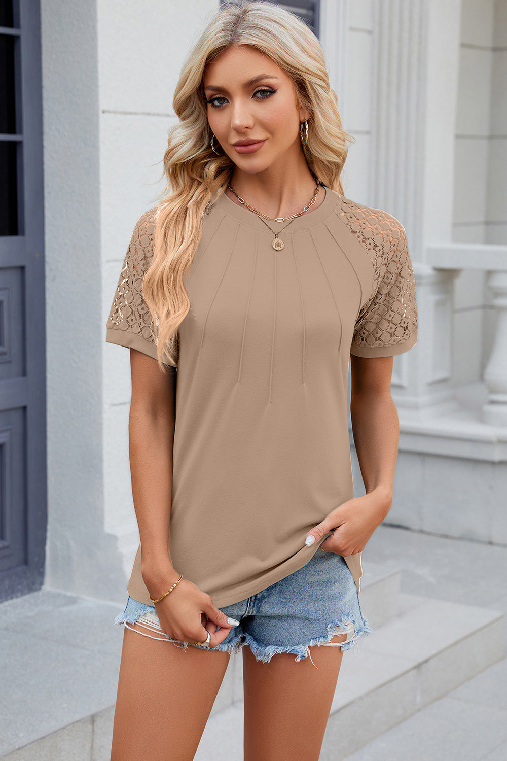 Openwork Round Neck Short Sleeve T-Shirt-Angel Casuals