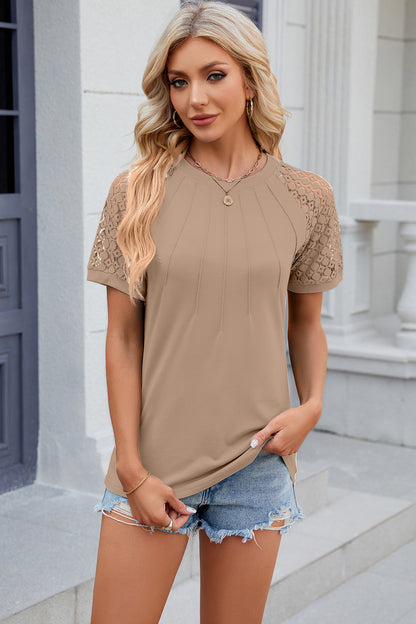 Openwork Round Neck Short Sleeve T-Shirt-Angel Casuals