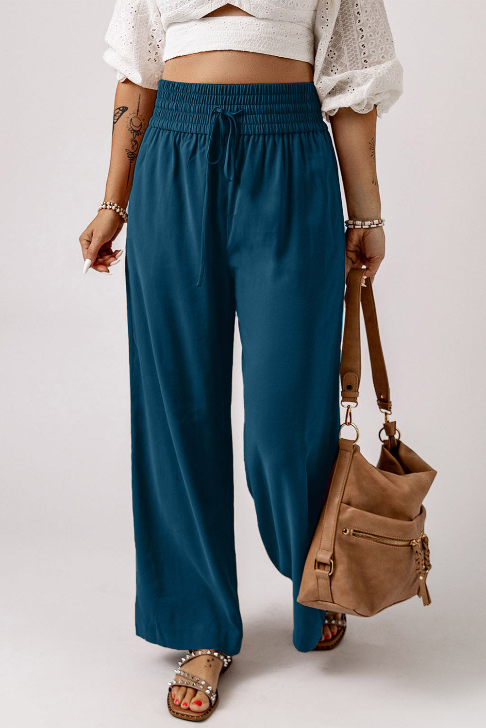 Drawstring Smocked Waist Wide Leg Pants-Angel Casuals