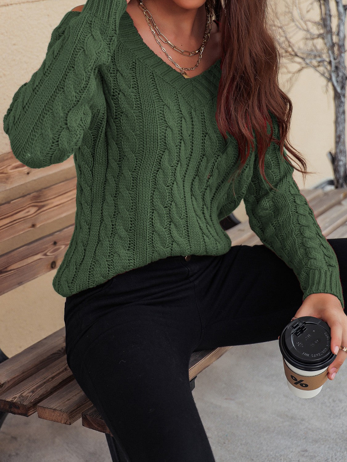 Honey Cable-Knit V-Neck Cold Shoulder Sweater-Angel Casuals