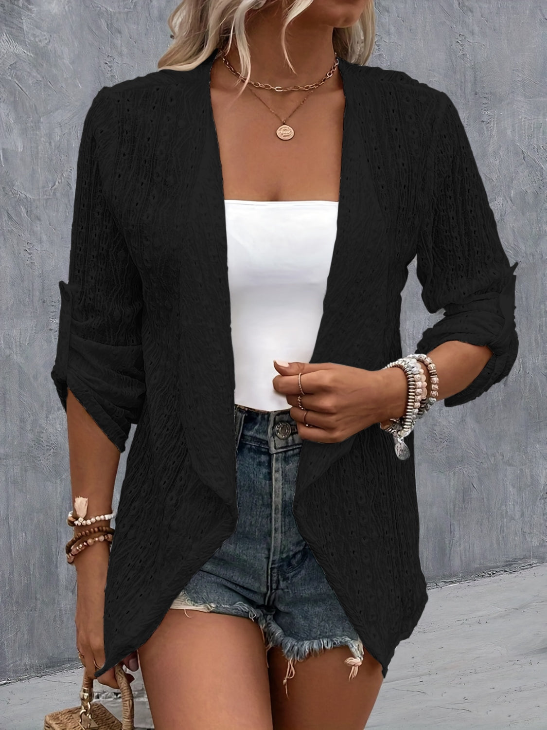 Eyelet Roll-Tab Sleeve Cardigan-Angel Casuals