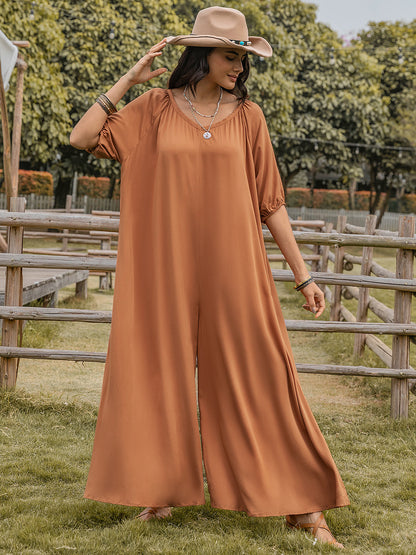 Scoop Neck Half Sleeve Wide Leg Jumpsuit-Angel Casuals