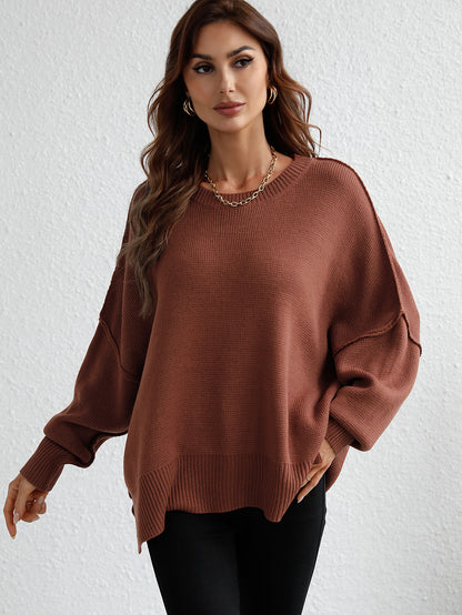 Exposed Seam Dropped Shoulder Slit Sweater-Angel Casuals