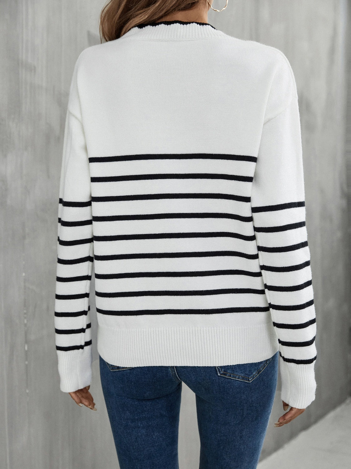 Angel Wings Striped V-Neck Drop Shoulder Sweater-Angel Casuals