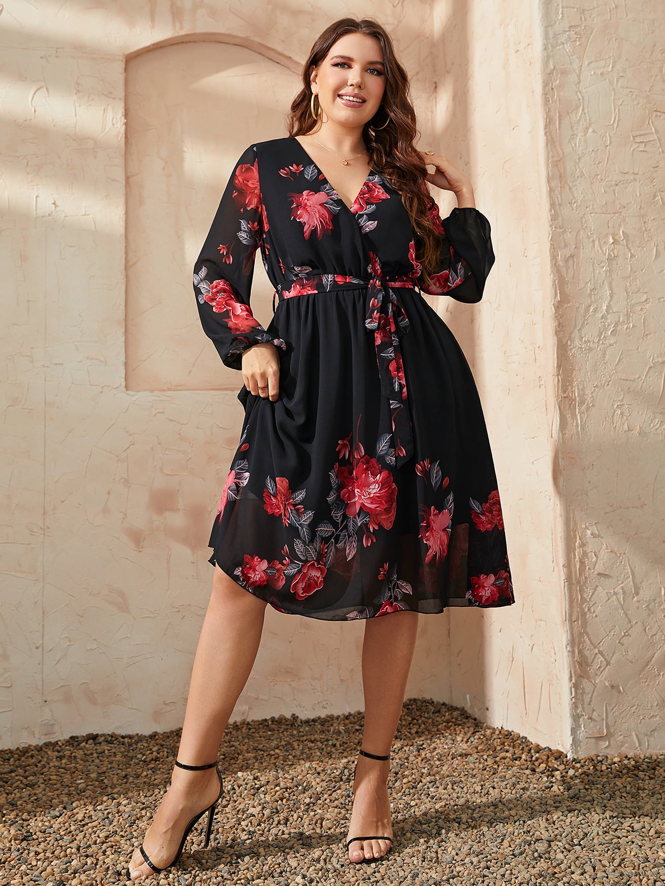 Plus Size Floral Surplice Neck Tie Waist Dress-Angel Casuals