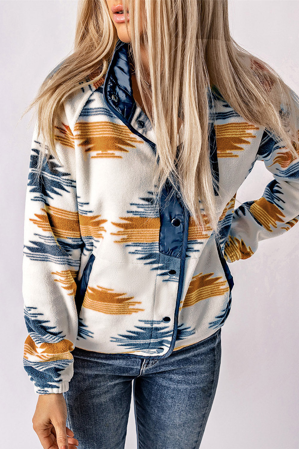 Geometric Snap Button Long Sleeve Jacket-Angel Casuals