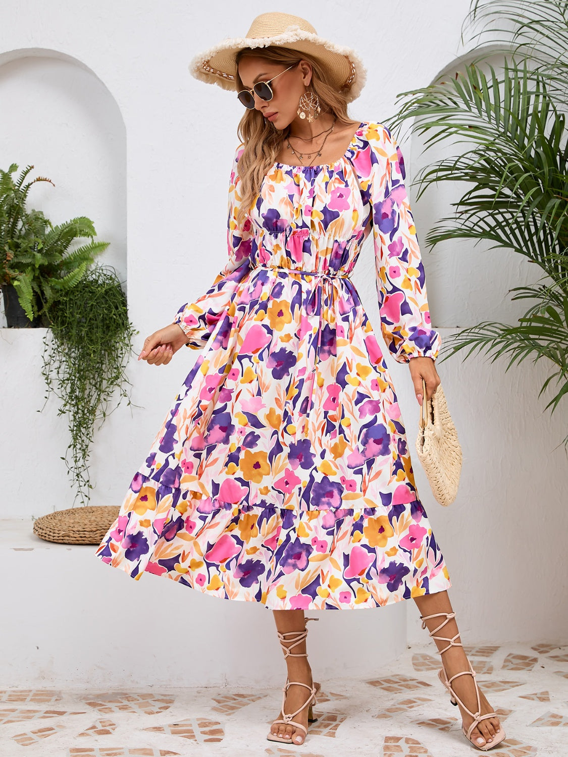 Printed Long Sleeve Midi Dress-Angel Casuals