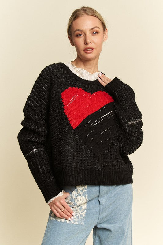 Davi & Dani Contrast Heart Dropped Shoulder Sweater-Angel Casuals