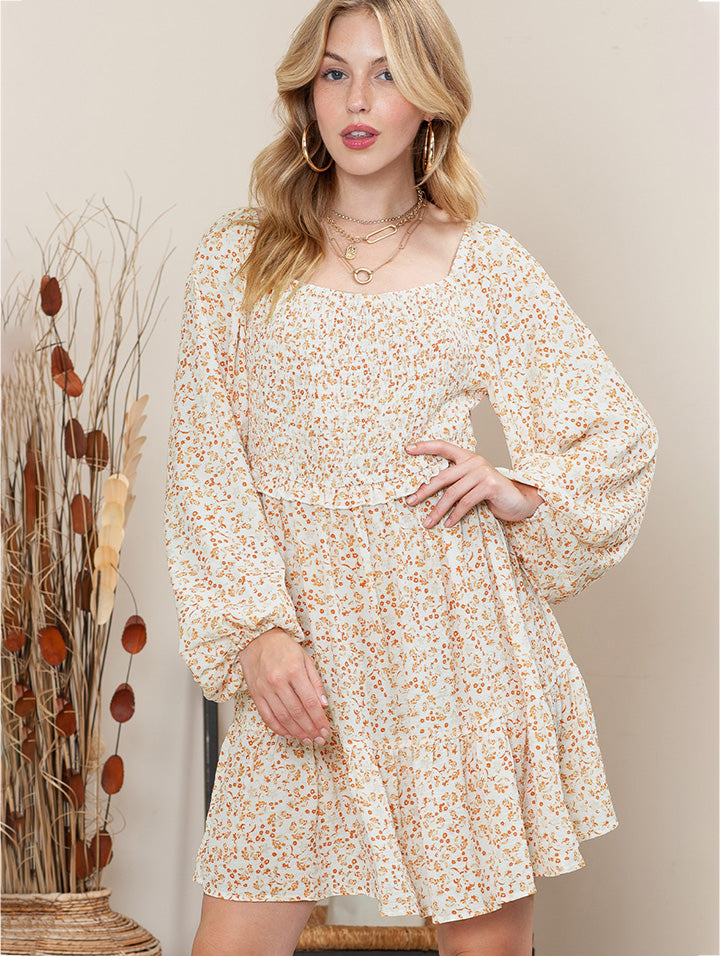 Printed Square Neck Long Sleeve Smocked Dress-Angel Casuals