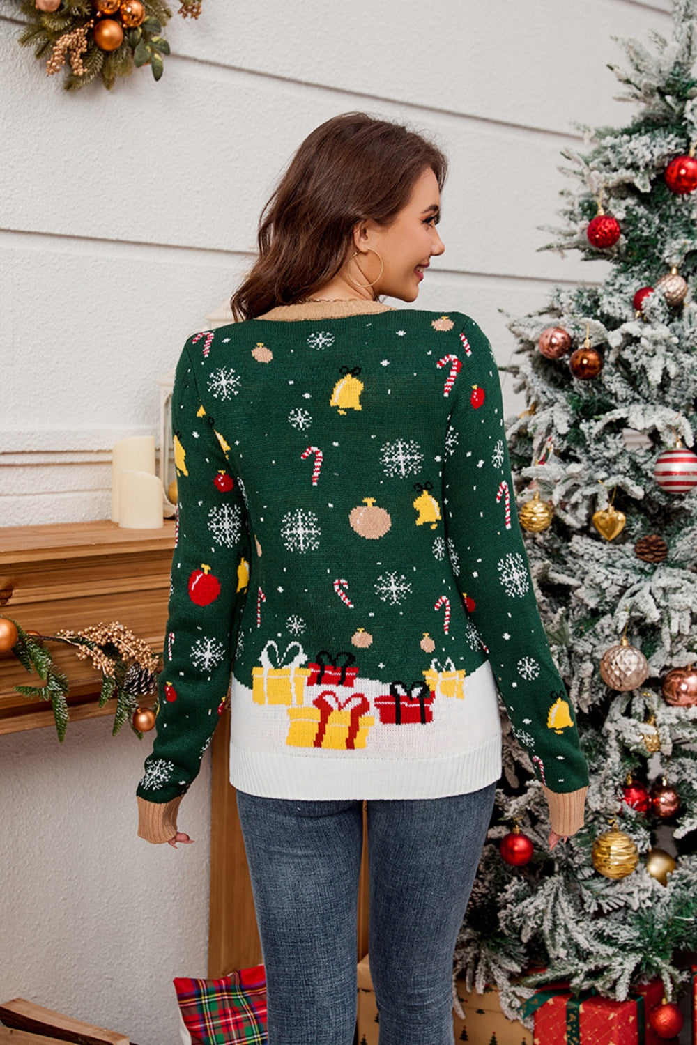 Santa Round Neck Long Sleeve Sweater-Angel Casuals