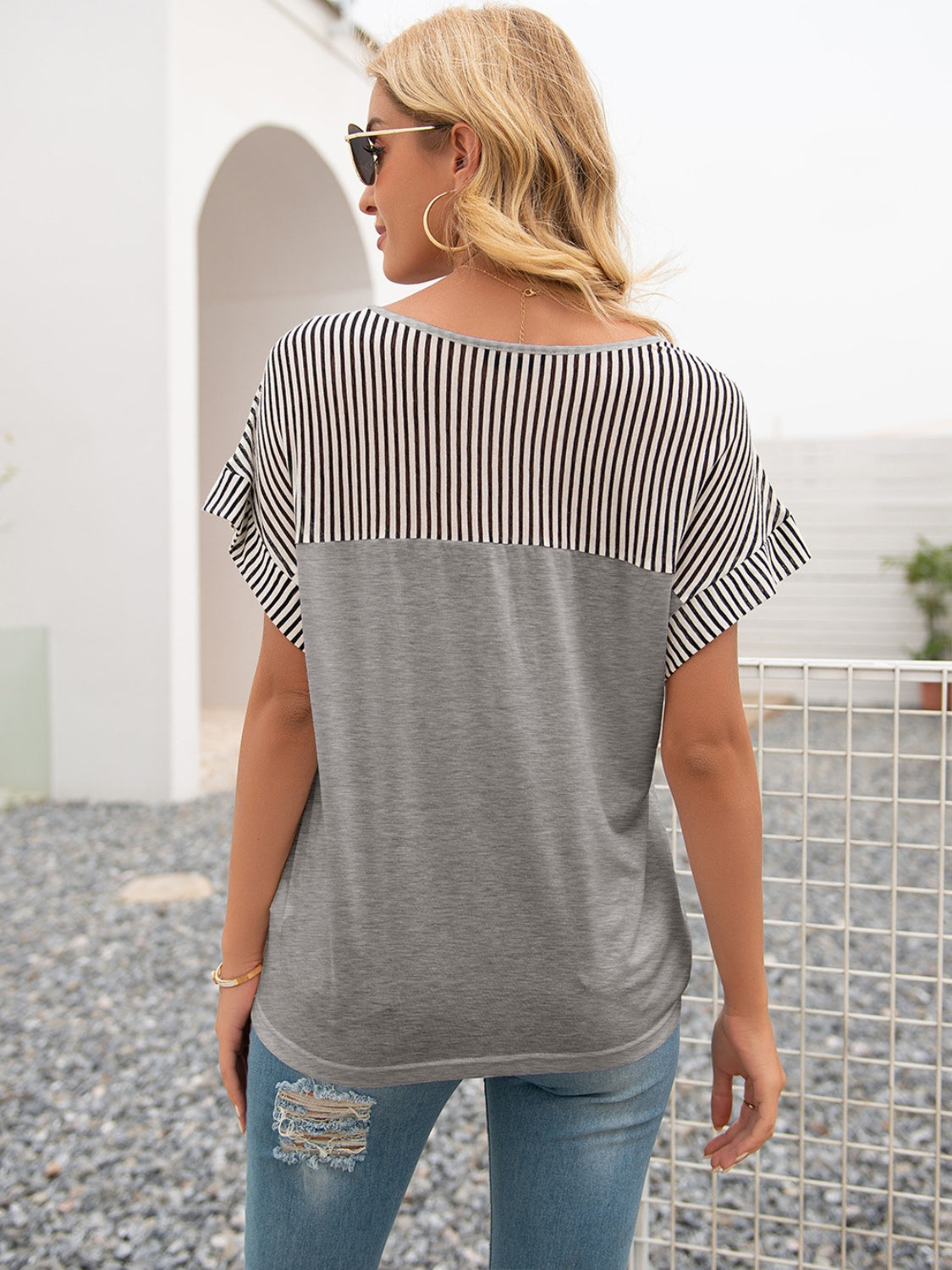 Striped V-Neck Short Sleeve T-Shirt-Angel Casuals