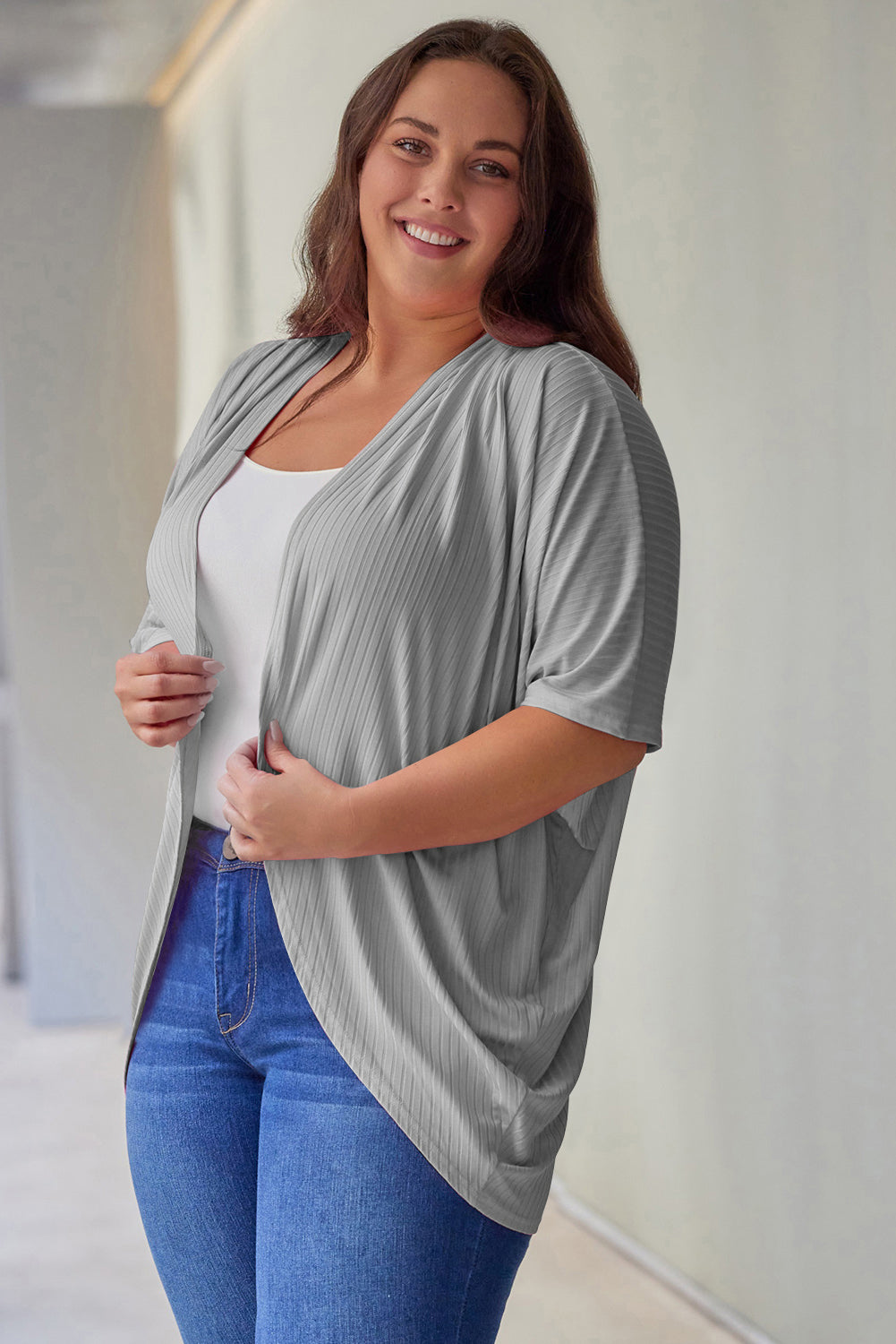 Plus Size Ribbed Cocoon Cover Up-Angel Casuals