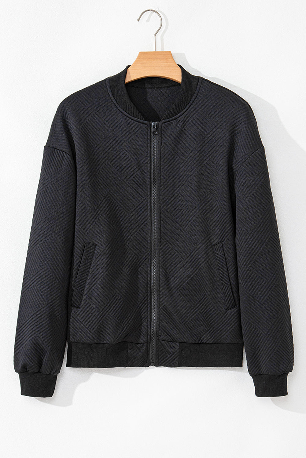 Texture Zip Up Baseball Collar Long Sleeve Jacket-Angel Casuals