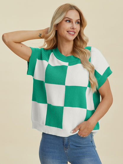 Double Take Full Size Checkered Round Neck Short Sleeve Sweater-Angel Casuals