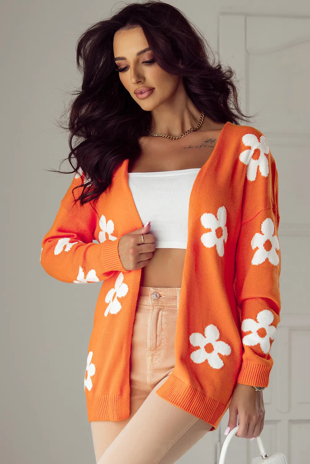 Flower Open Front Long Sleeve Cardigan-Angel Casuals