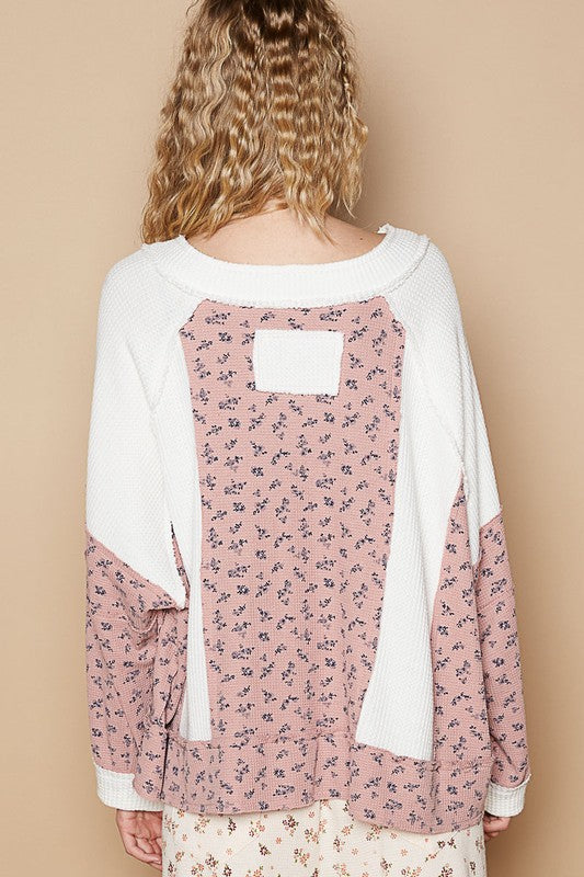 POL Waffle Knit Floral Notched Long Sleeve Top-Angel Casuals