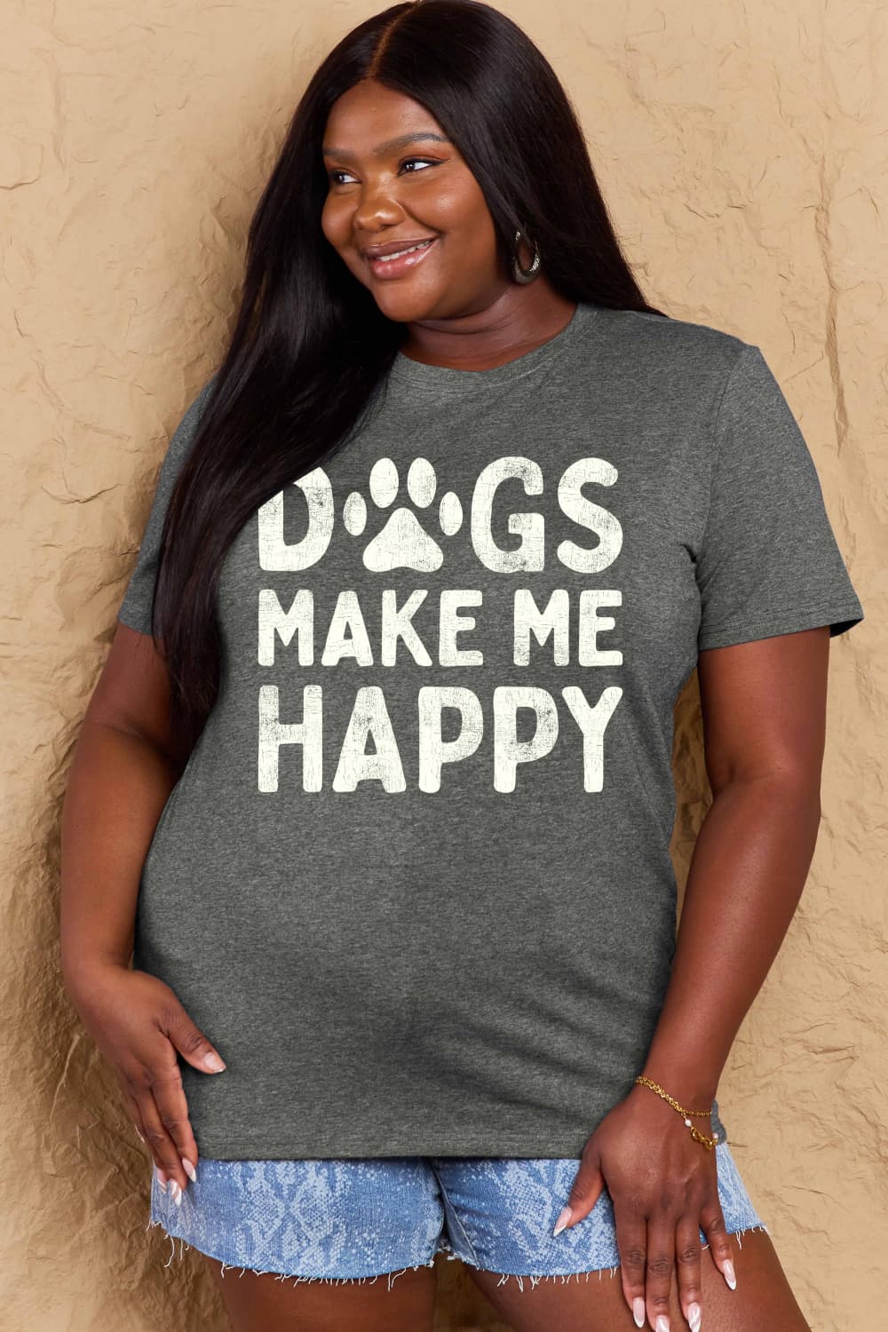 Simply Love Full Size DOGS MAKE ME HAPPY Graphic Cotton T-Shirt-Angel Casuals