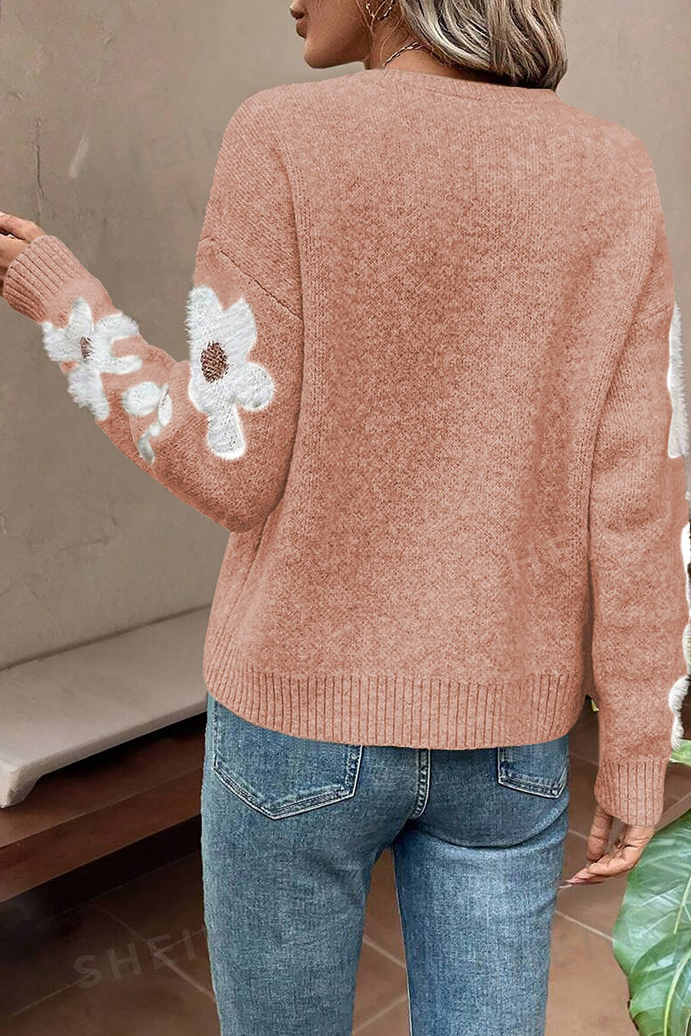Flower Round Neck Long Sleeve Sweater-Angel Casuals