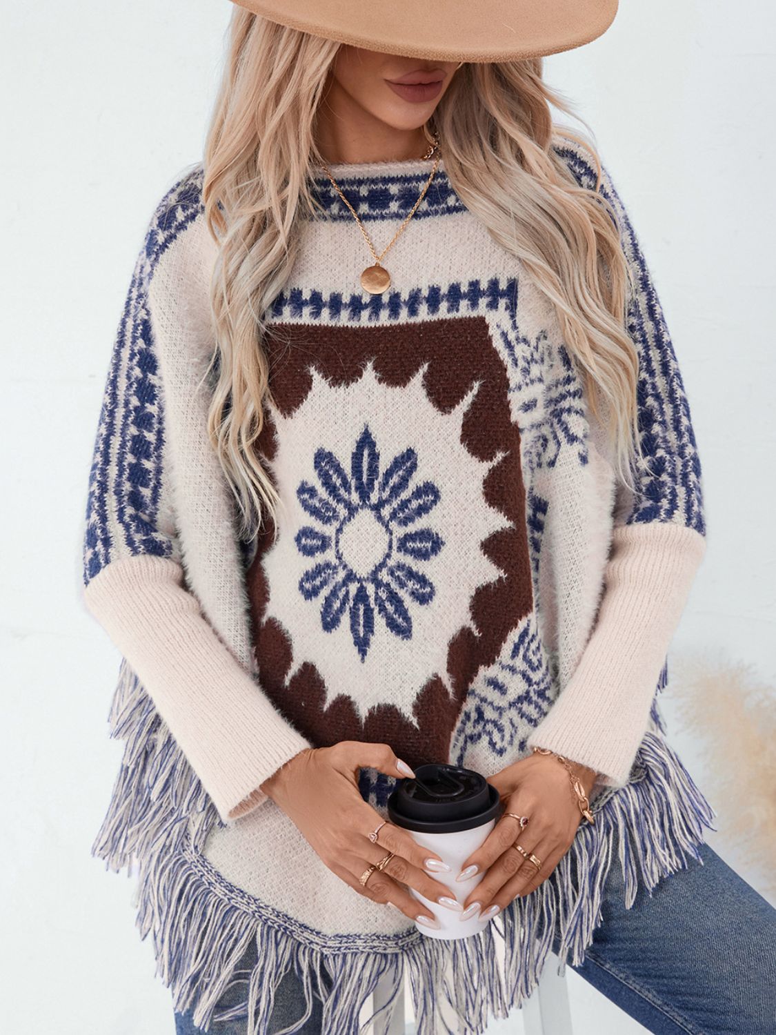 Fringe Geometric Long Sleeve Poncho-Angel Casuals