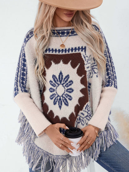 Fringe Geometric Long Sleeve Poncho-Angel Casuals